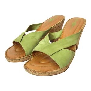 Born Crown Green Suede Slide-on Sandals Cork Wedge Heel Women's US 7.5 Comfort